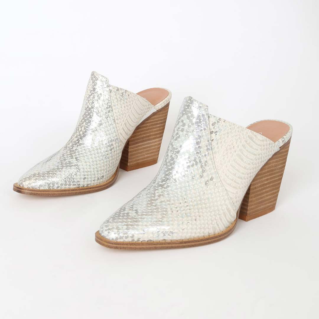 cream and silver snake pointed toe mules