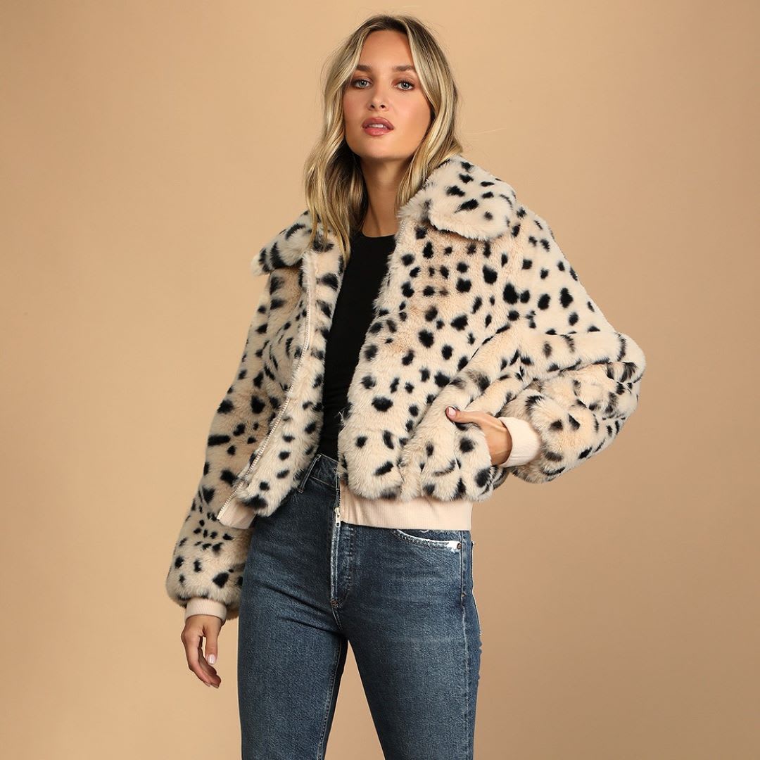 dot print faux fur bomber jacket