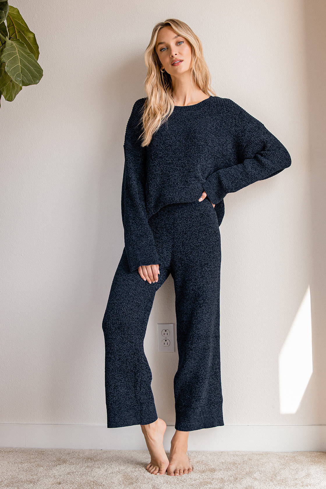 navy chenille sweater and knit pants matching loungewear set