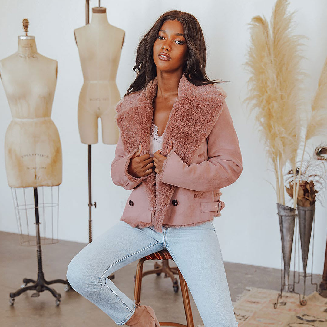 mauve suede cropped double breasted coat