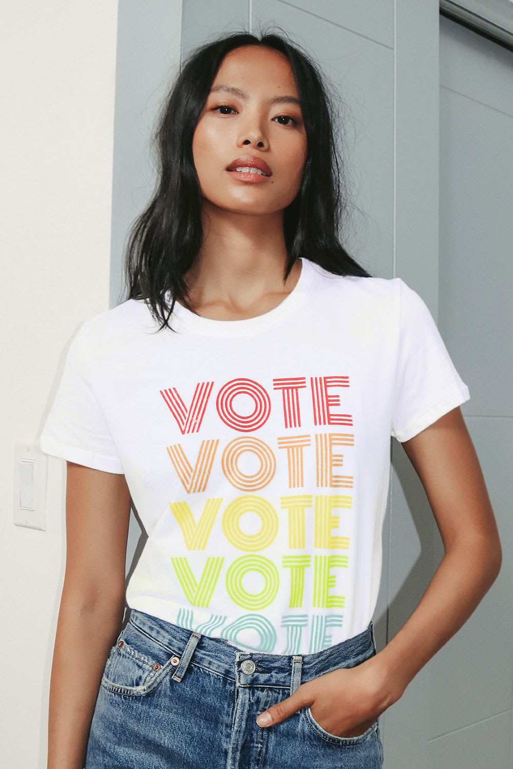 woman wearing rainbow vote t-shirt