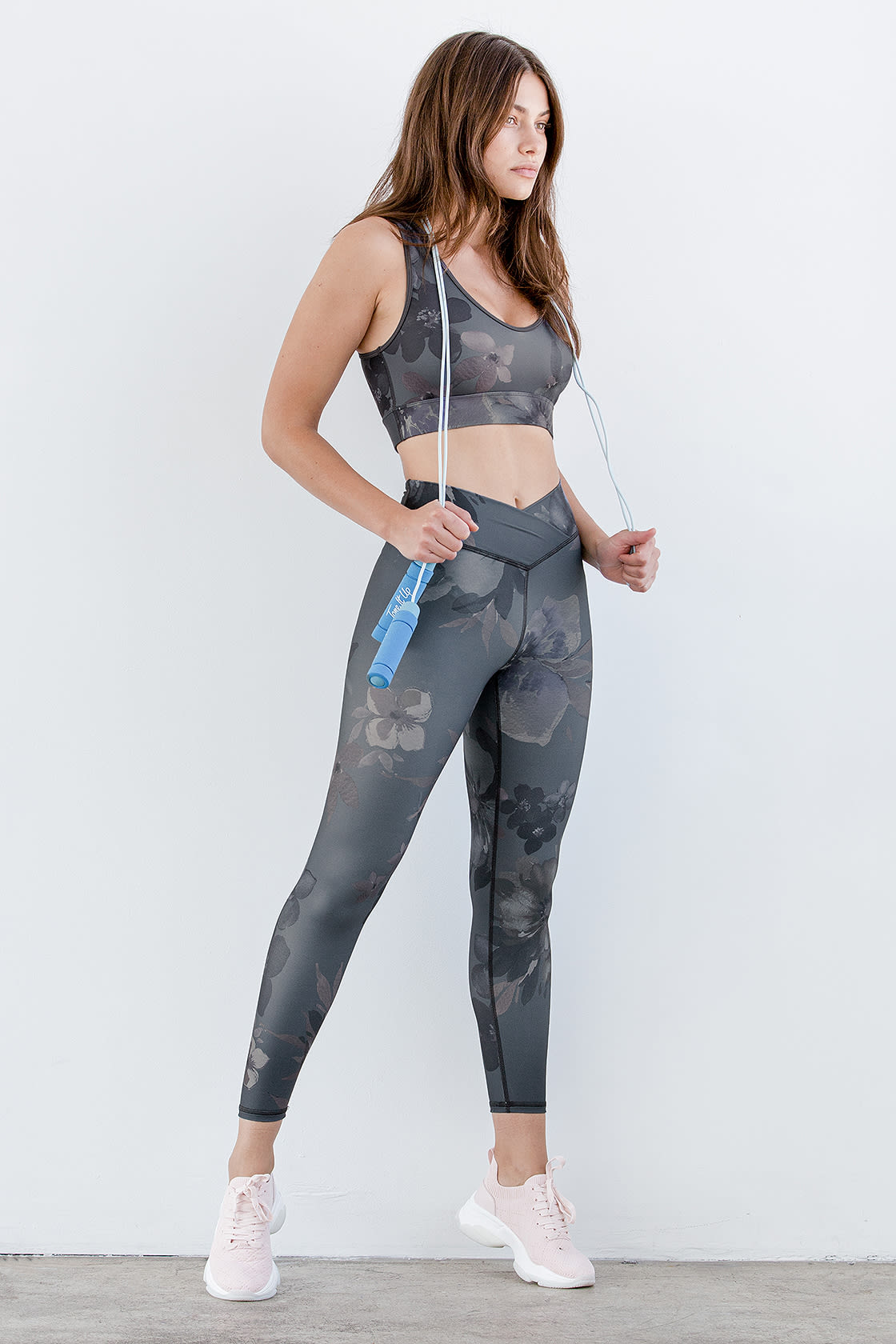 Amp it Up Grey Floral Print High Impact Crossover Leggings