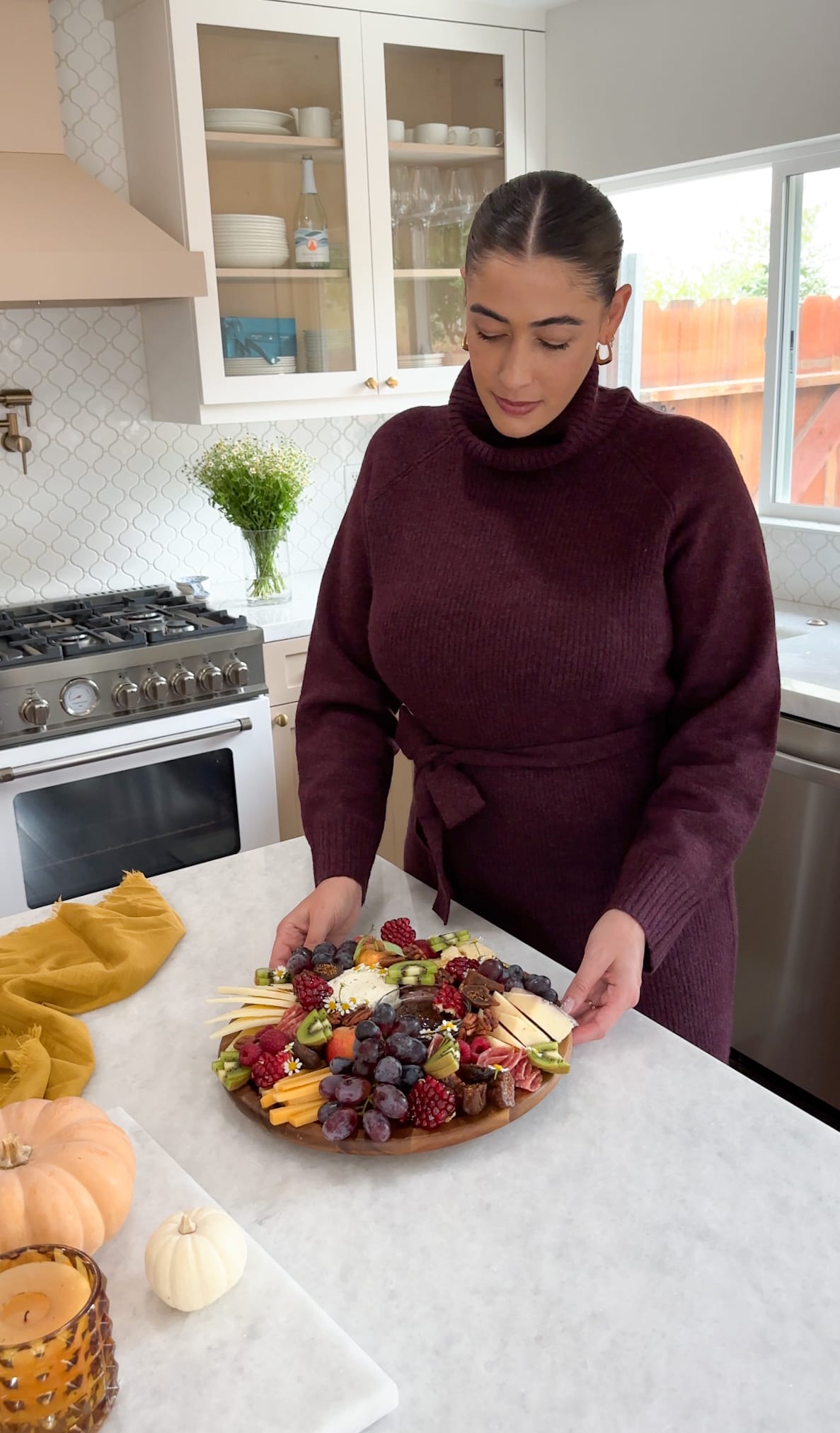 plum turtleneck midi sweater dress