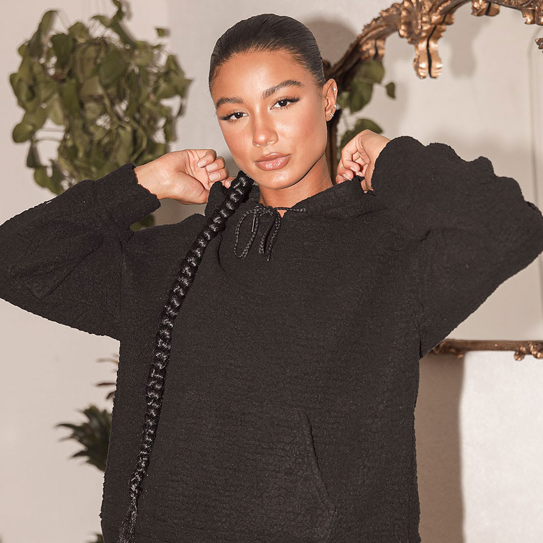 black pullover teddy hoodie