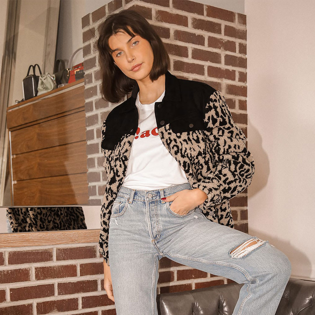 beige cheetah print shearling jacket
