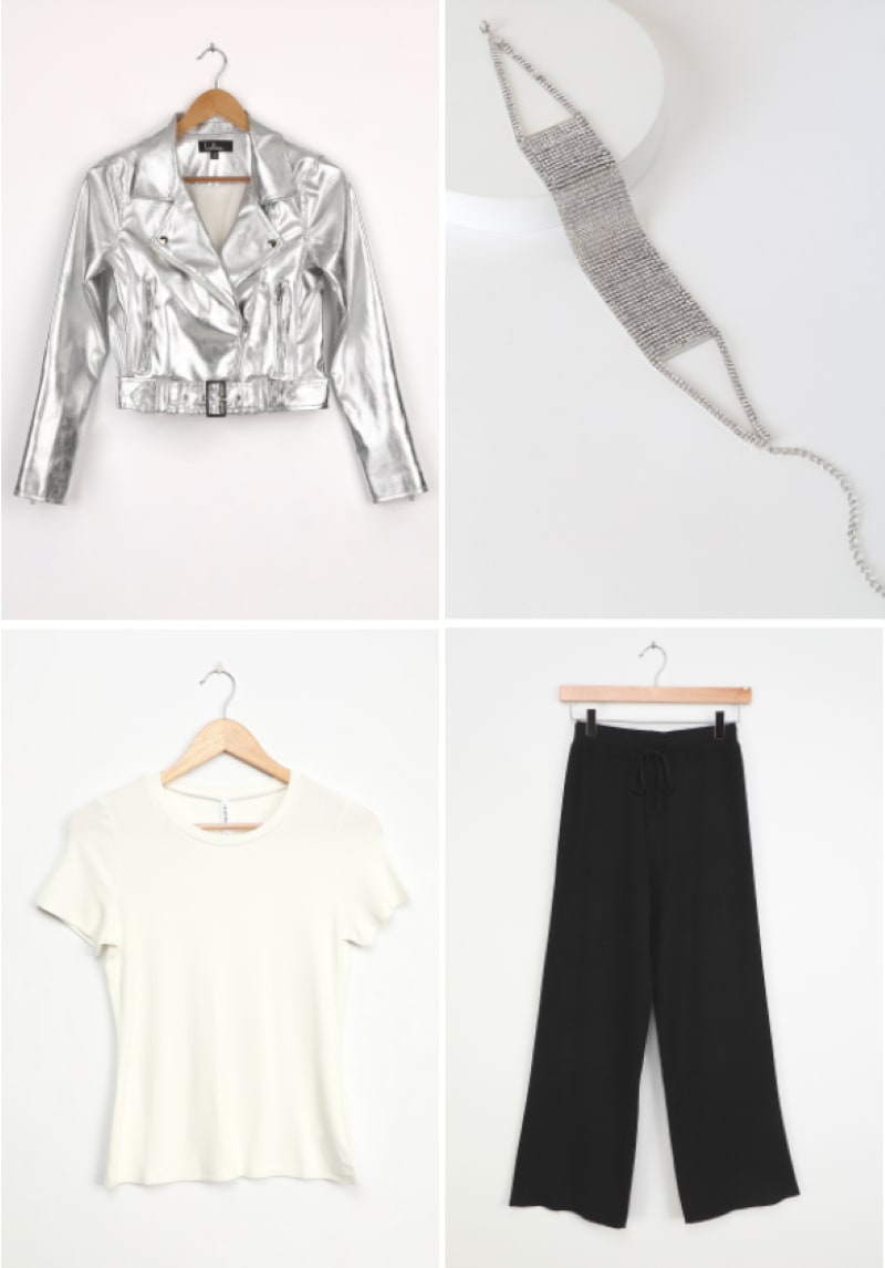 silver moto jacket with rhinestone choker and white tee and black loungewear pants as casual new years outfit