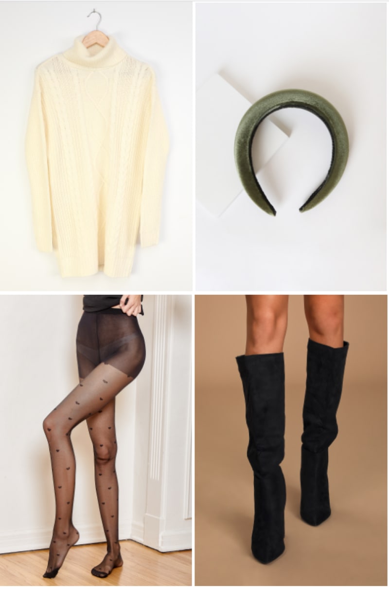 cream sweater dress with velvet padded headband, high boots, and printed tights