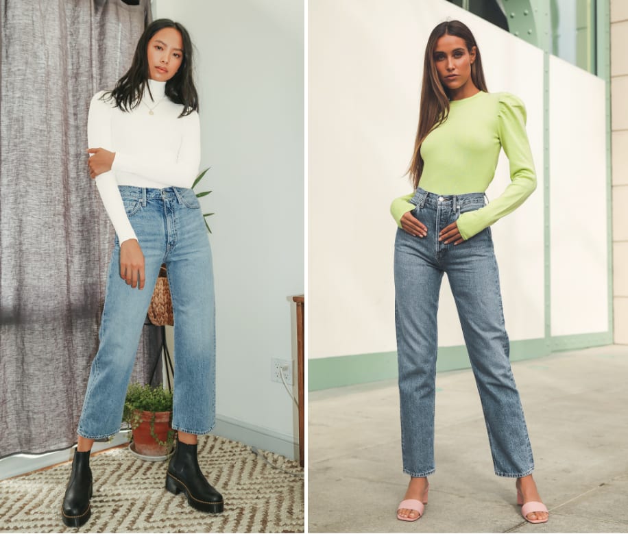 women in turtlenecks and straight leg jeans