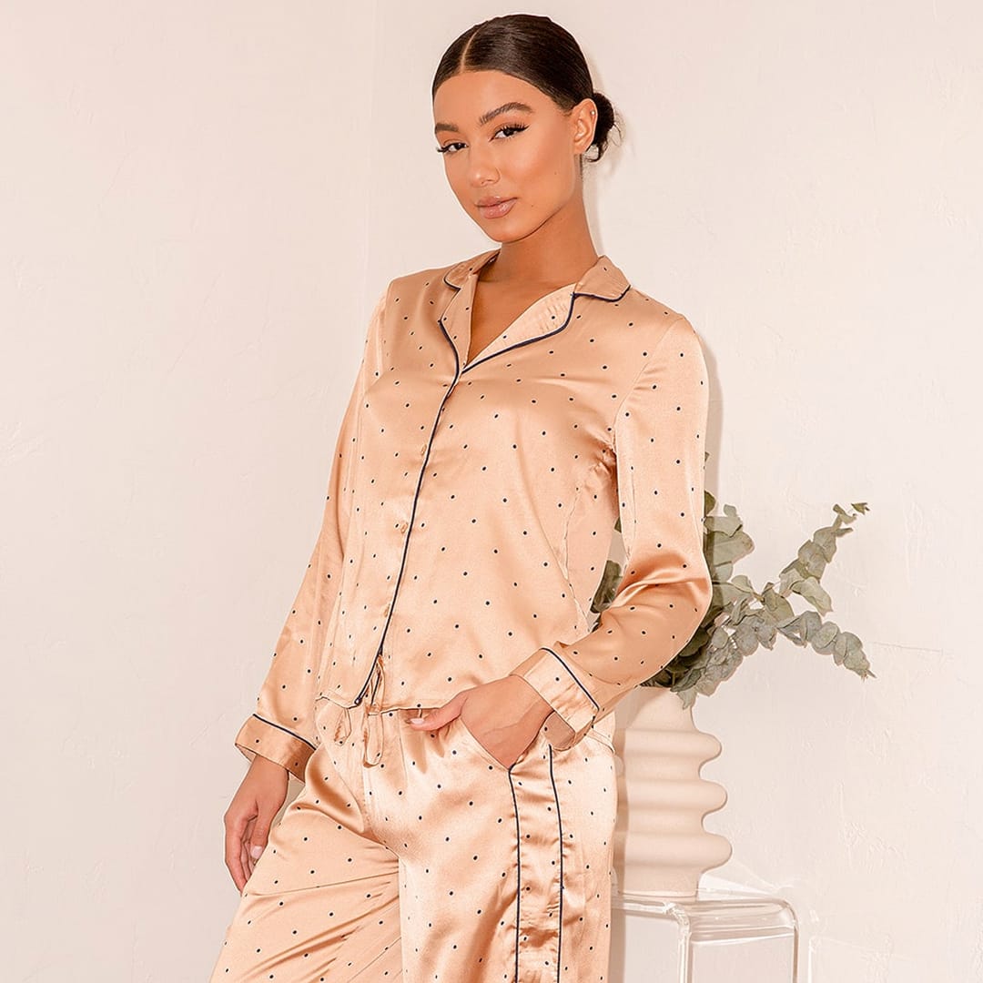 beige polka dot satin two piece pajama set