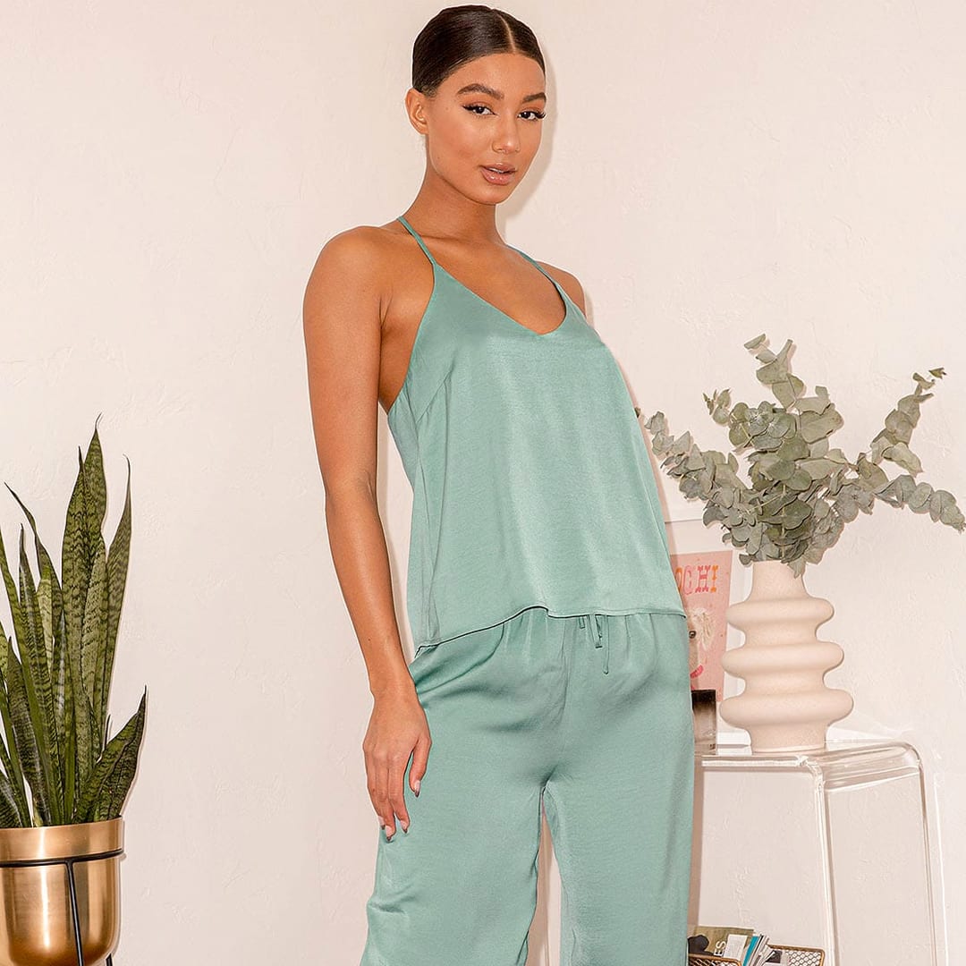 sage blue two piece satin pajama set