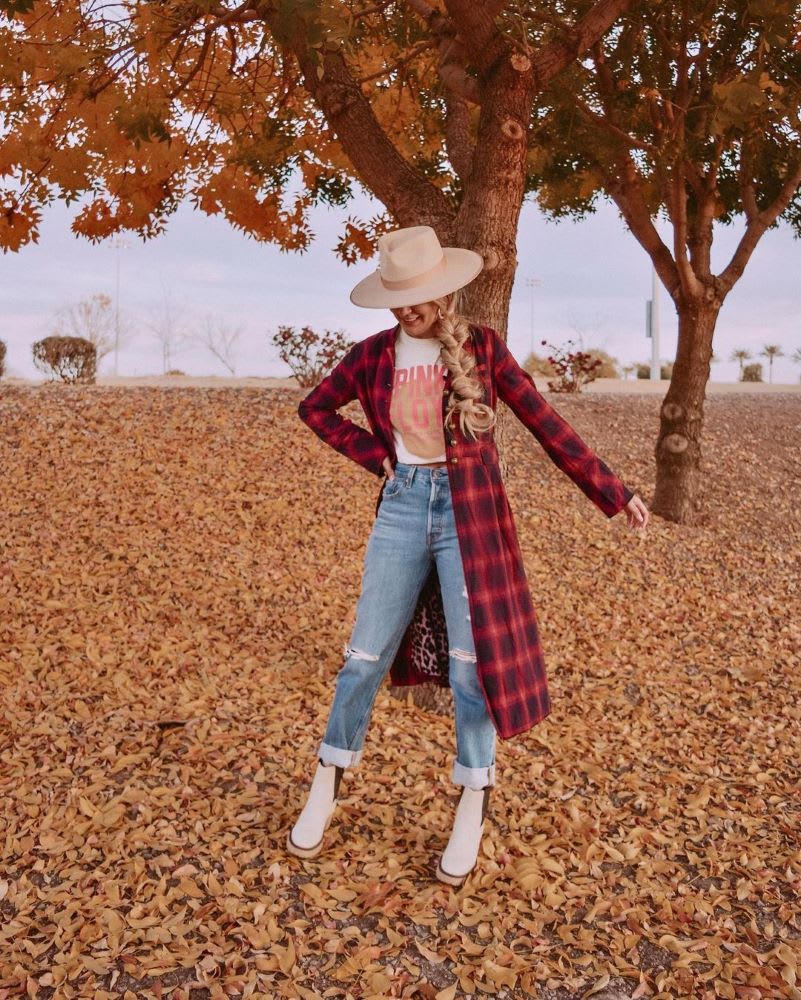 plaid coat with jeans and graphic tee and white boots