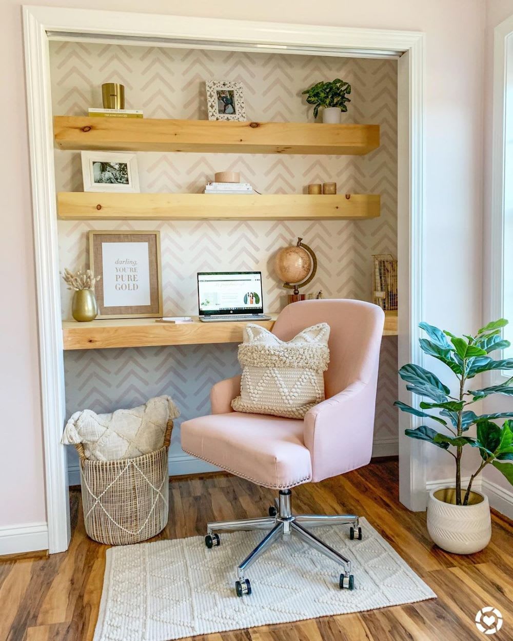 a closet office idea with blush chair and pillow with shelves