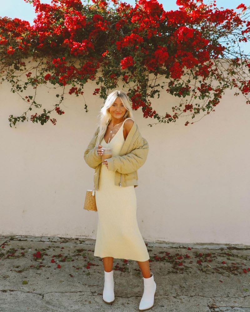 ribbed knit dress and white ankle boots