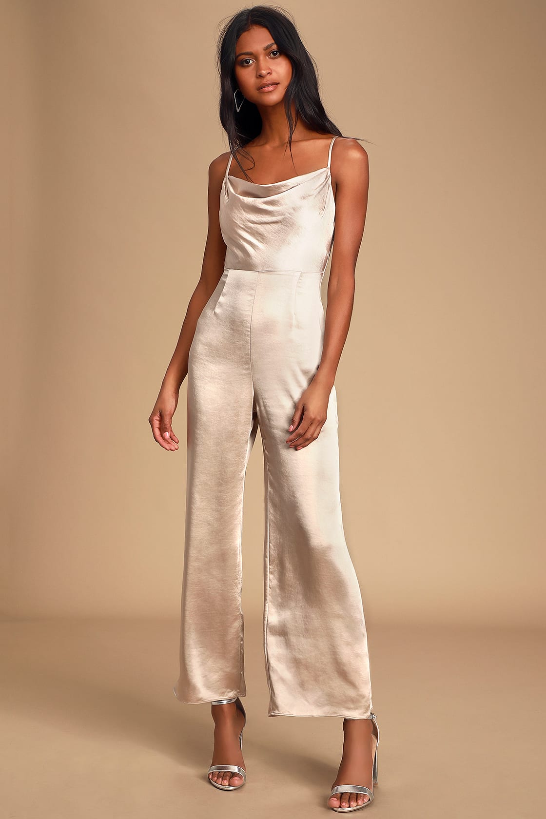 champagne cowl neck satin jumpsuit