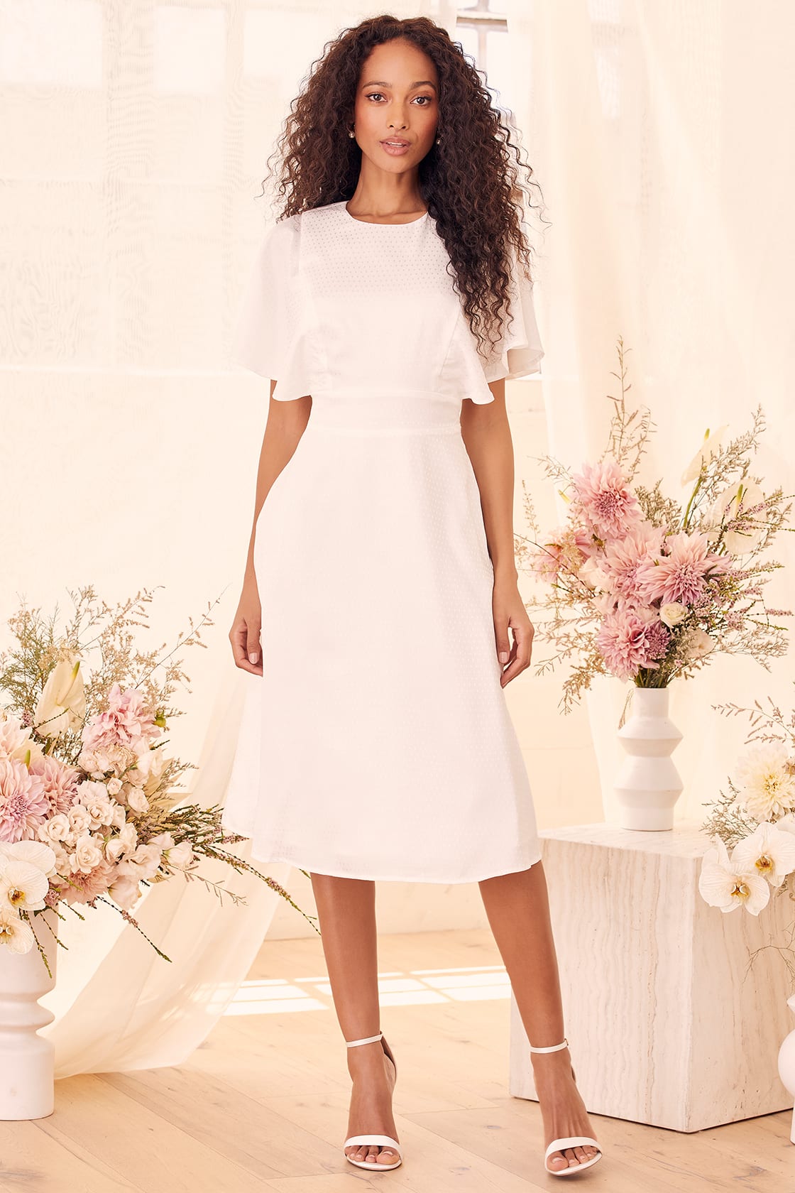 white polka dot embossed satin backless midi dress