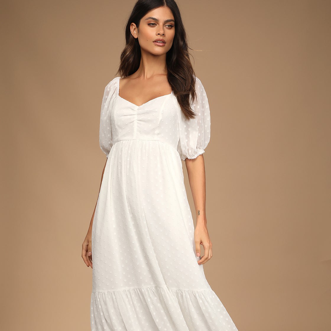 white swiss dot puff sleeve maxi dress