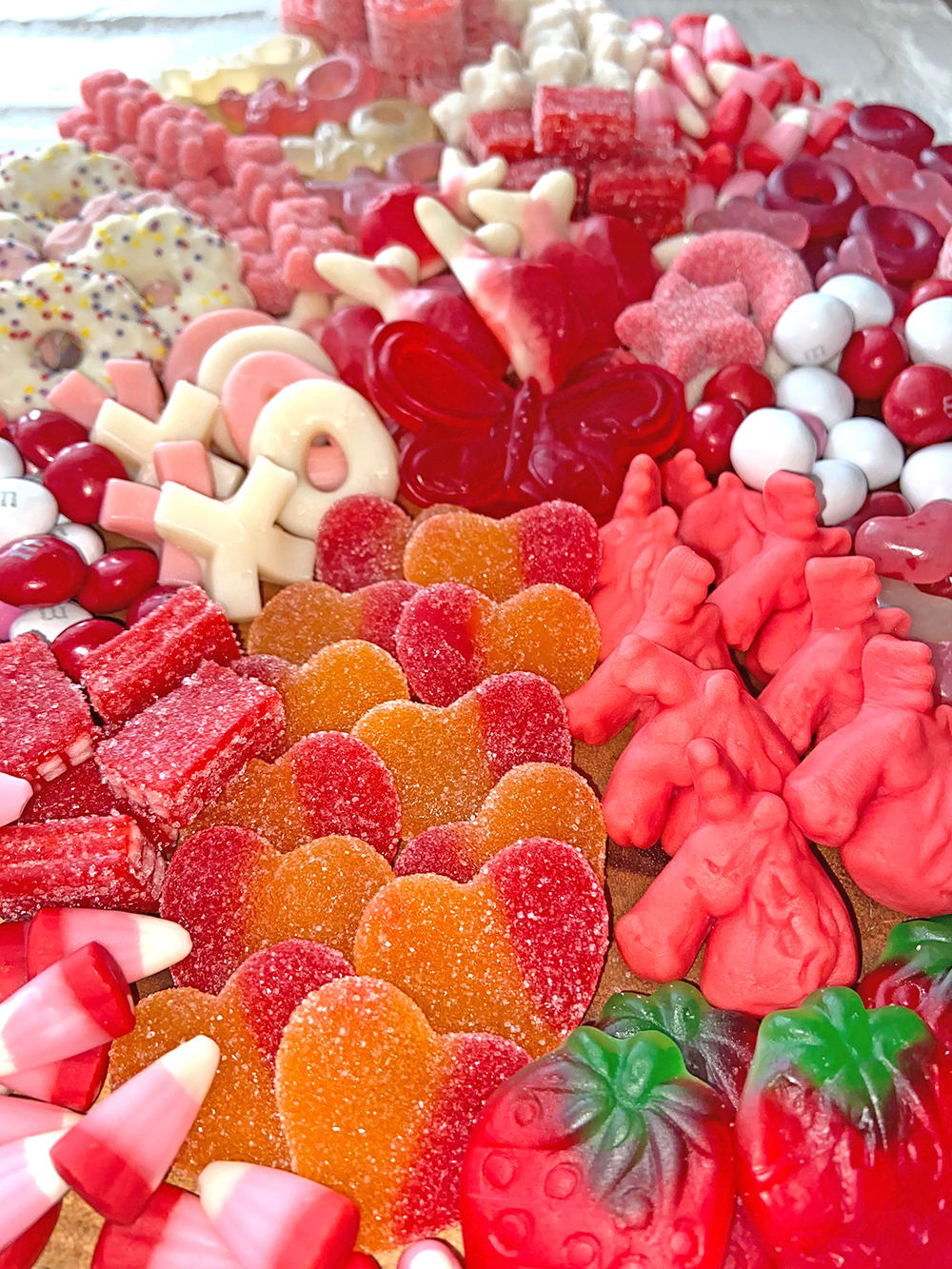 pink candy charcuterie board close up