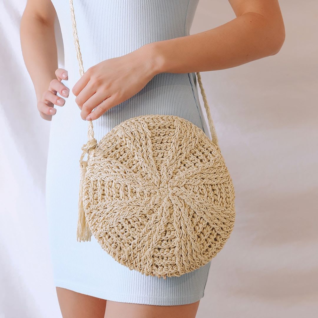 cream woven raffia round crossbody bag