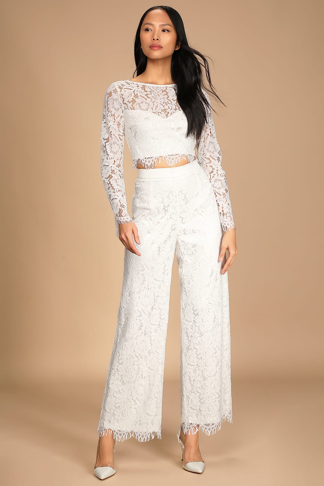 ivory lace long sleeve two piece jumpsuit