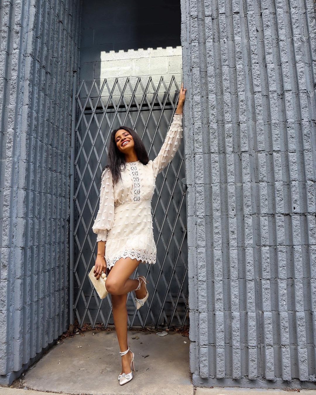 cream swiss dot long sleeve dress