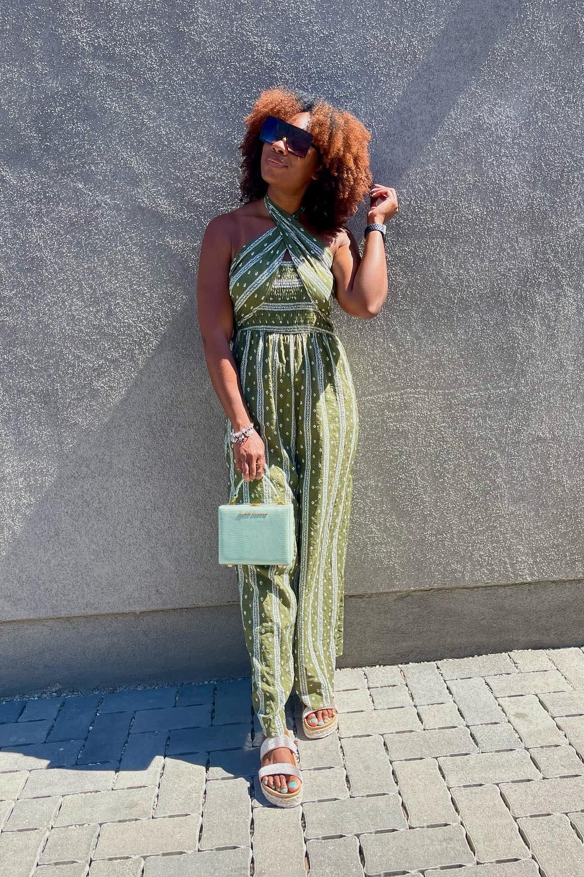 green print strapless jumpsuit