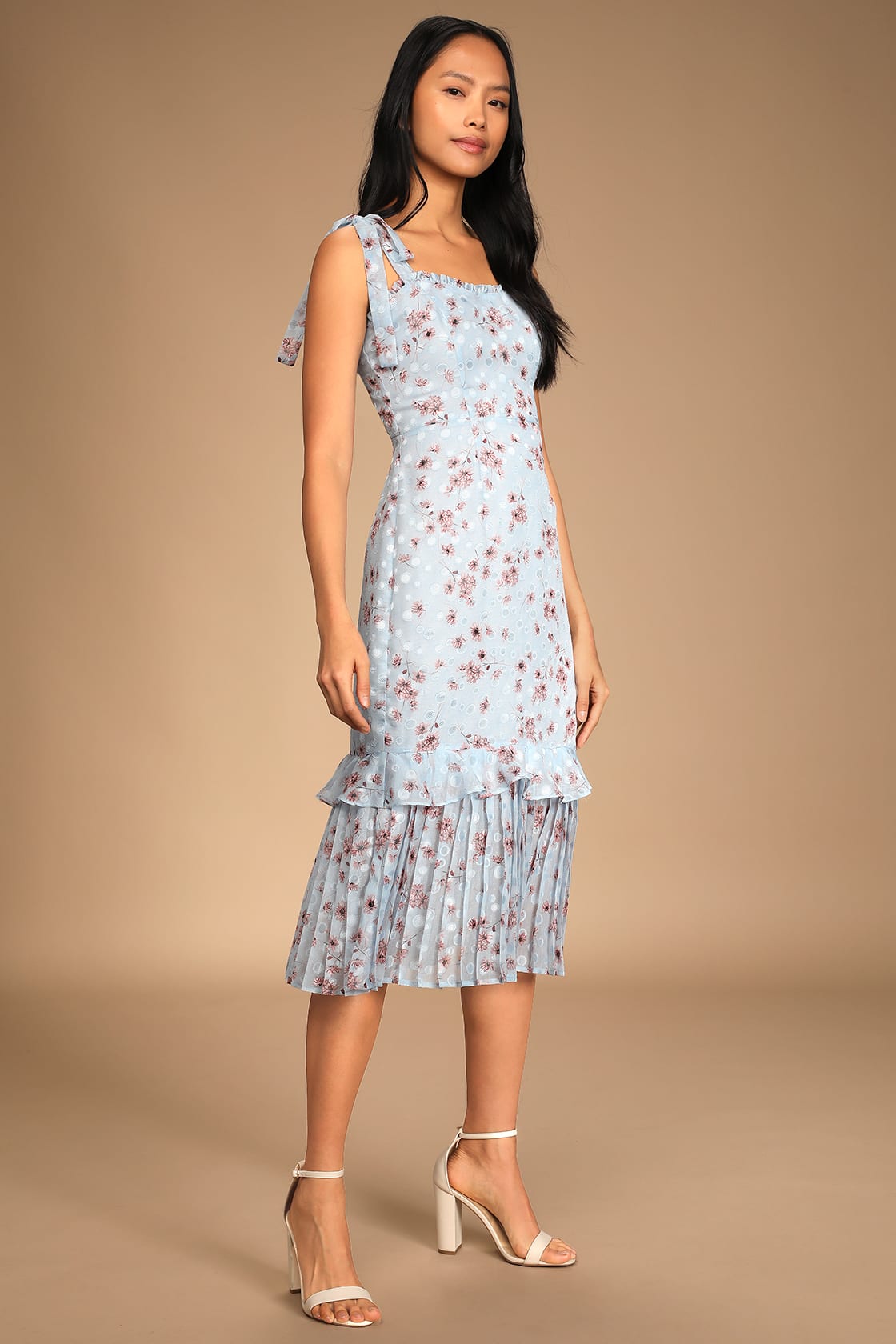 light blue floral print tiered midi dress