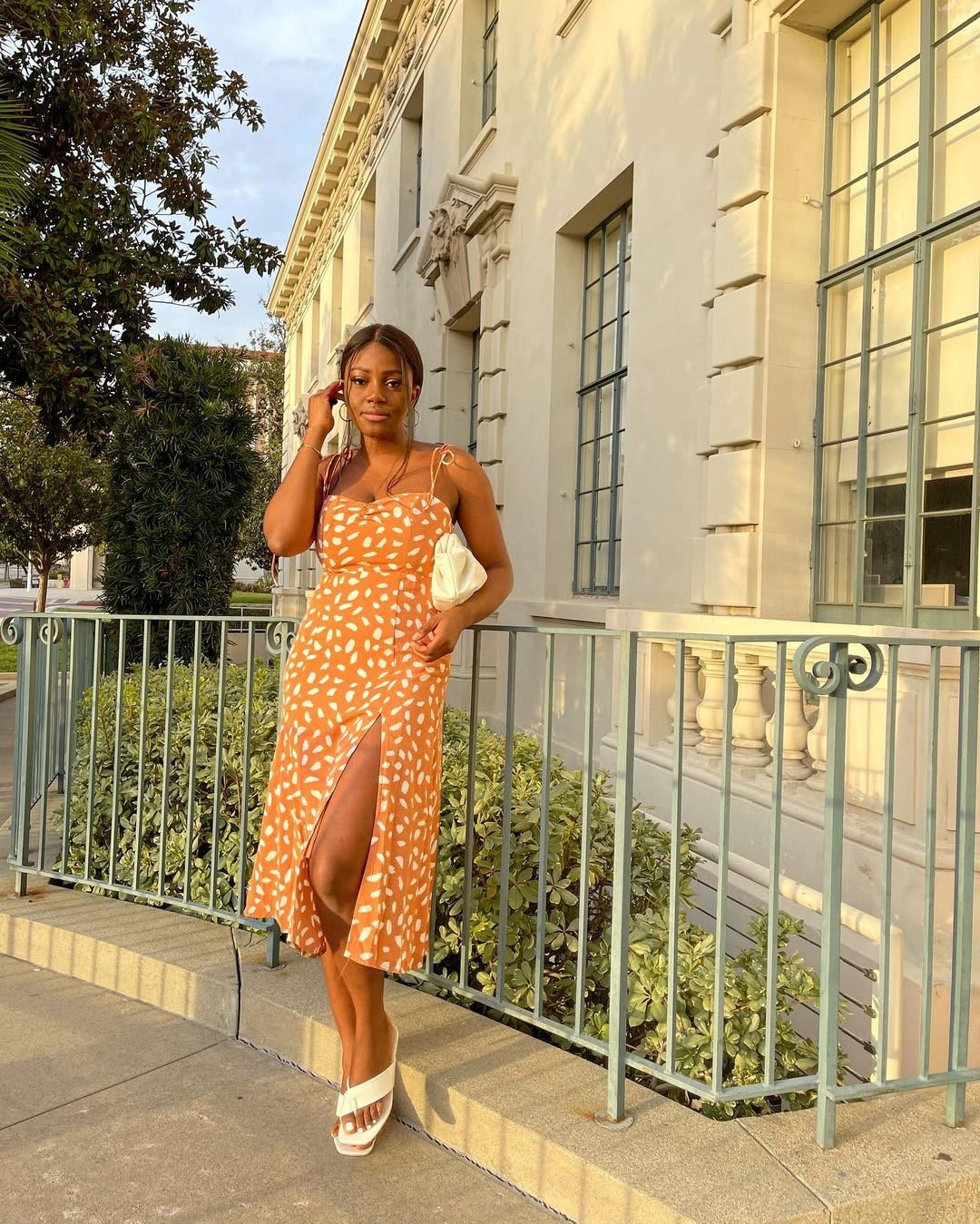 orange print tie strap midi dress