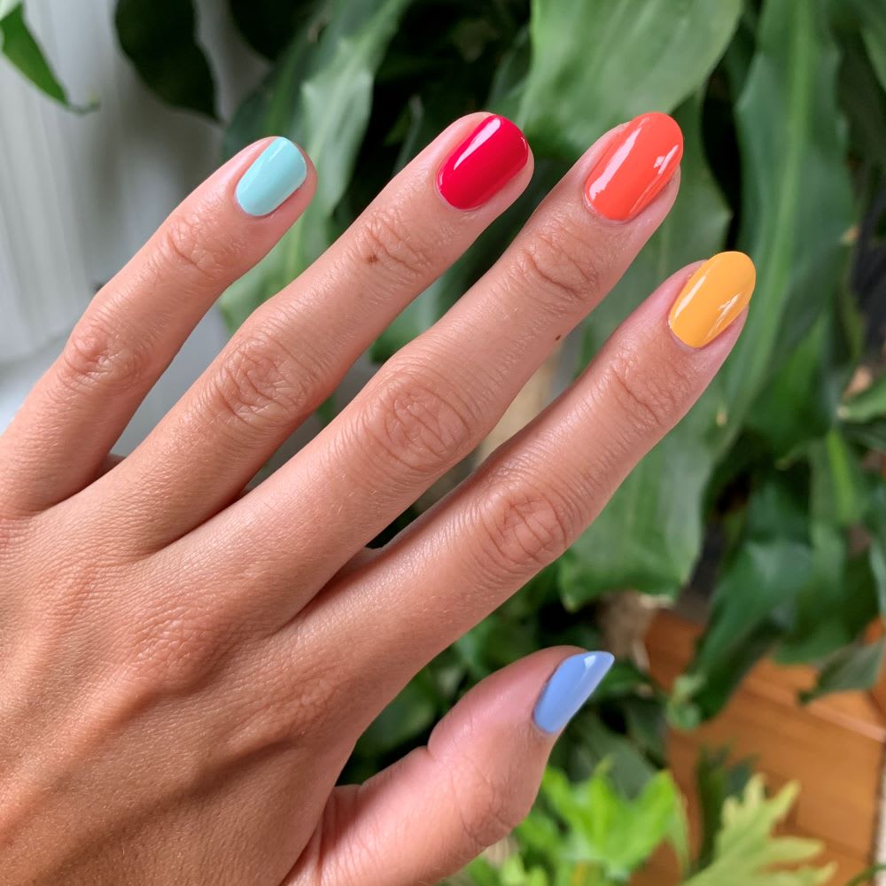 a hand in front of plants with rainbow nails