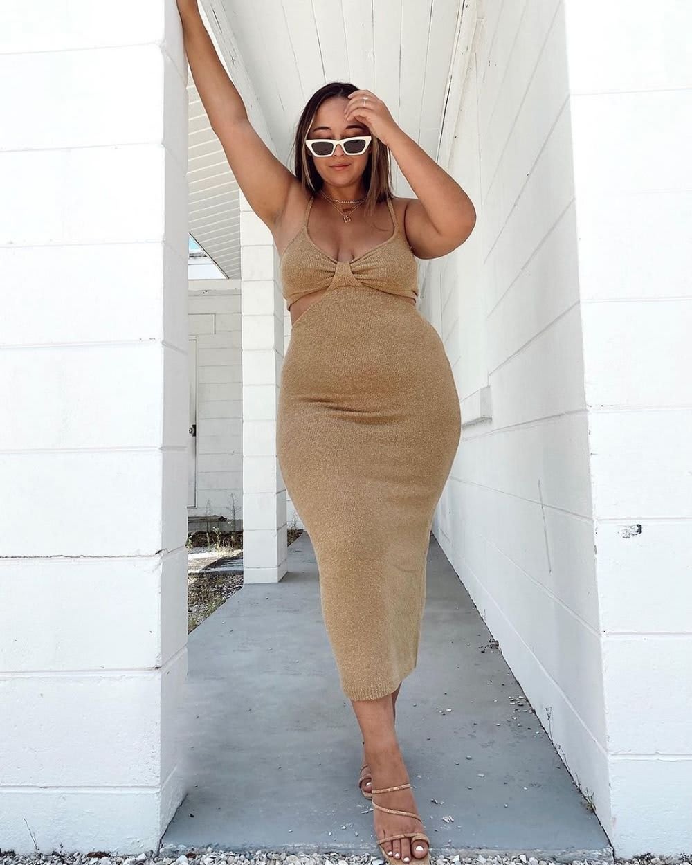tan knit cutout midi dress