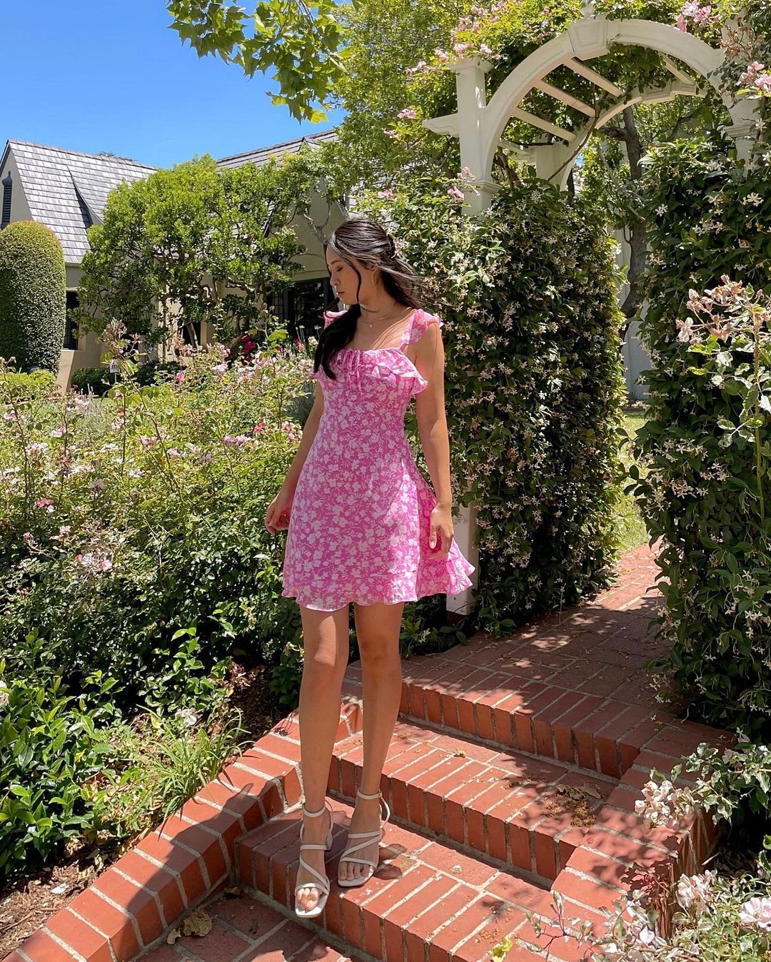 pink floral print ruffled skater dress