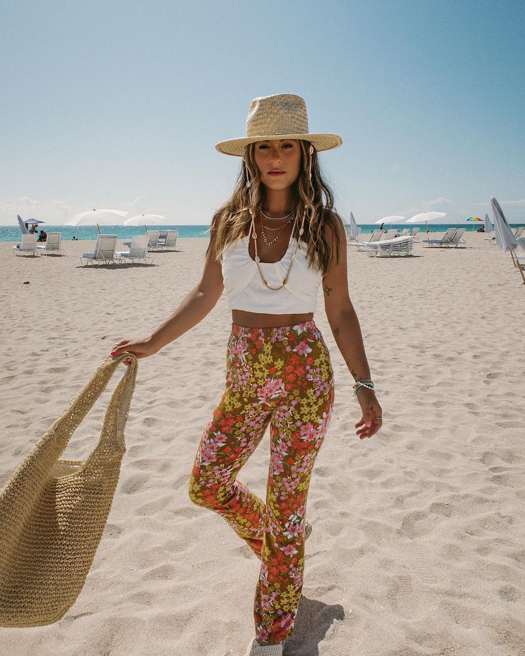 white crop top and floral pants