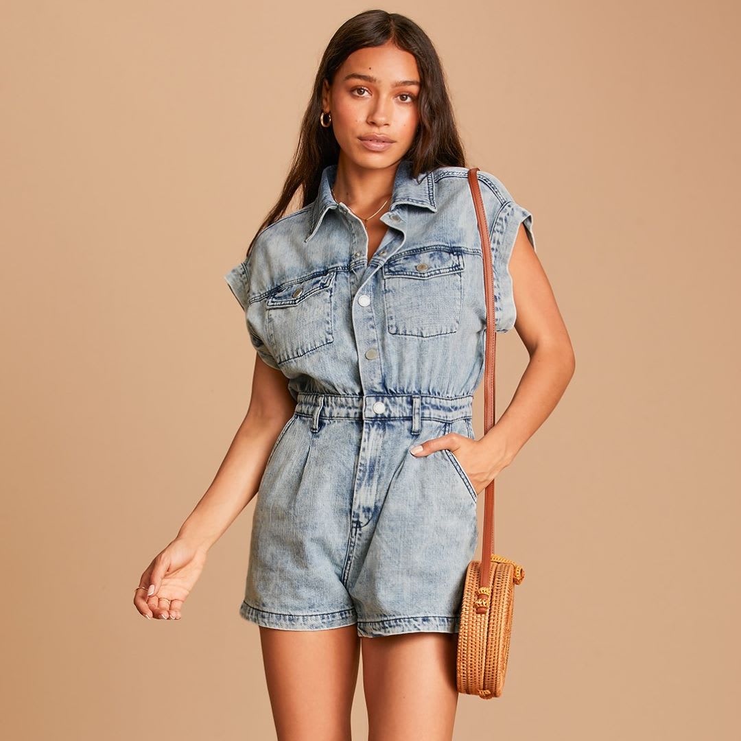 light wash denim short sleeve romper