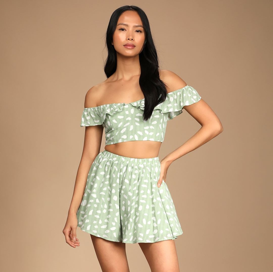 sage green off the shoulder two piece romper