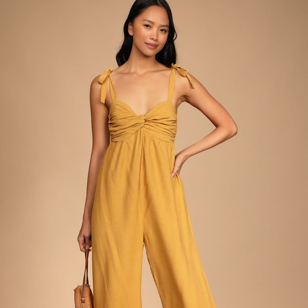 yellow twist front tie strap jumpsuit