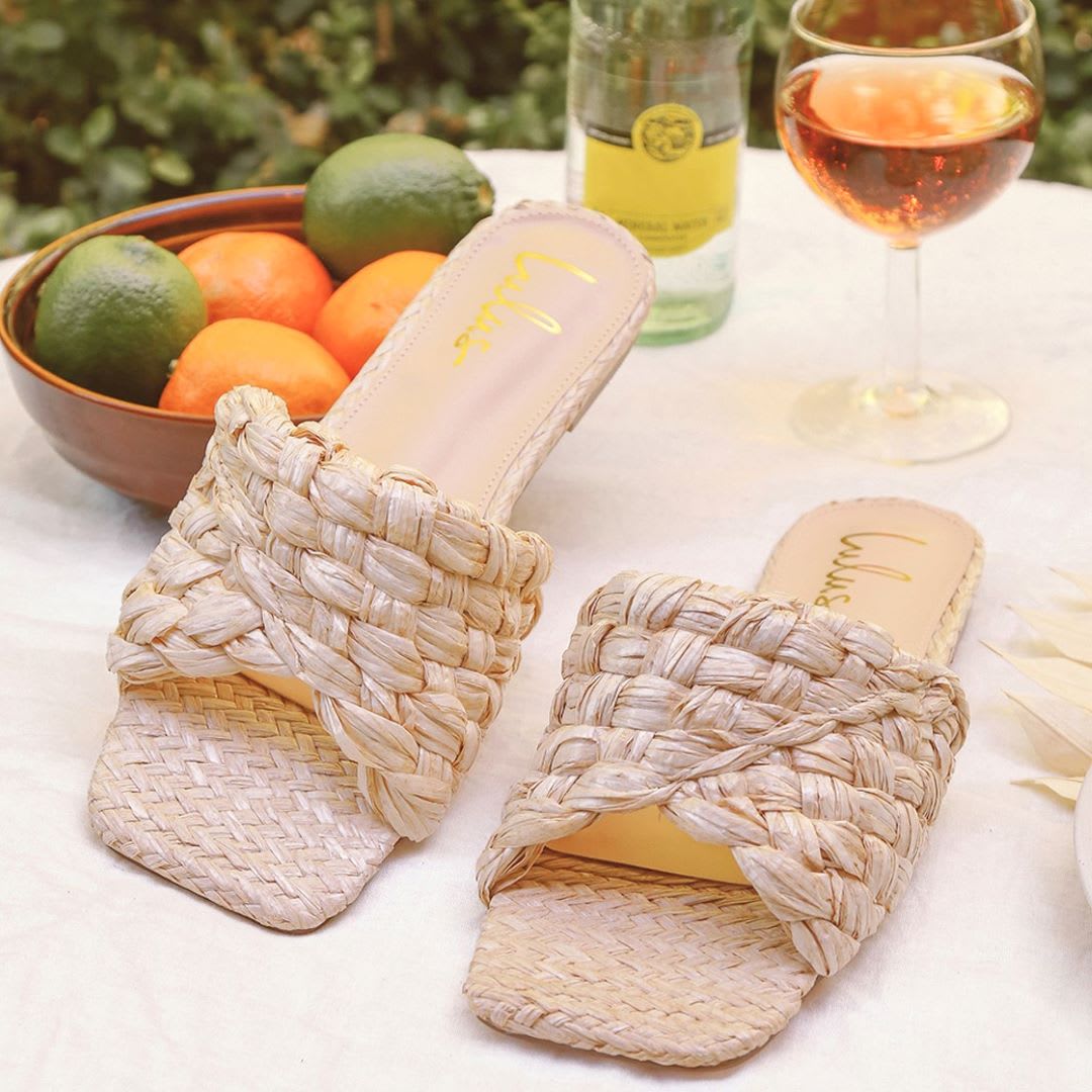 light nude raffia woven slide sandals