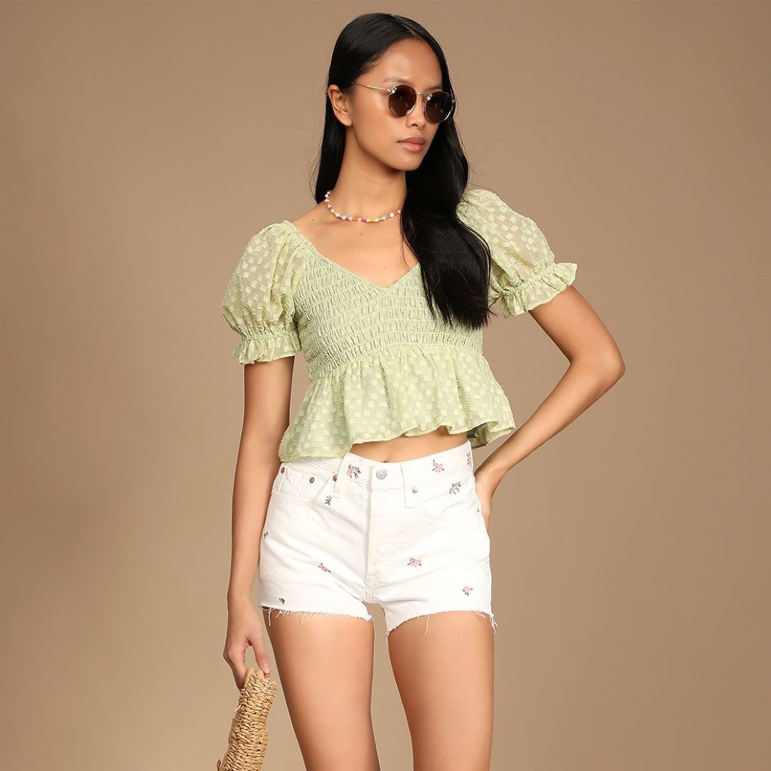 sage green smocked peplum puff sleeve top