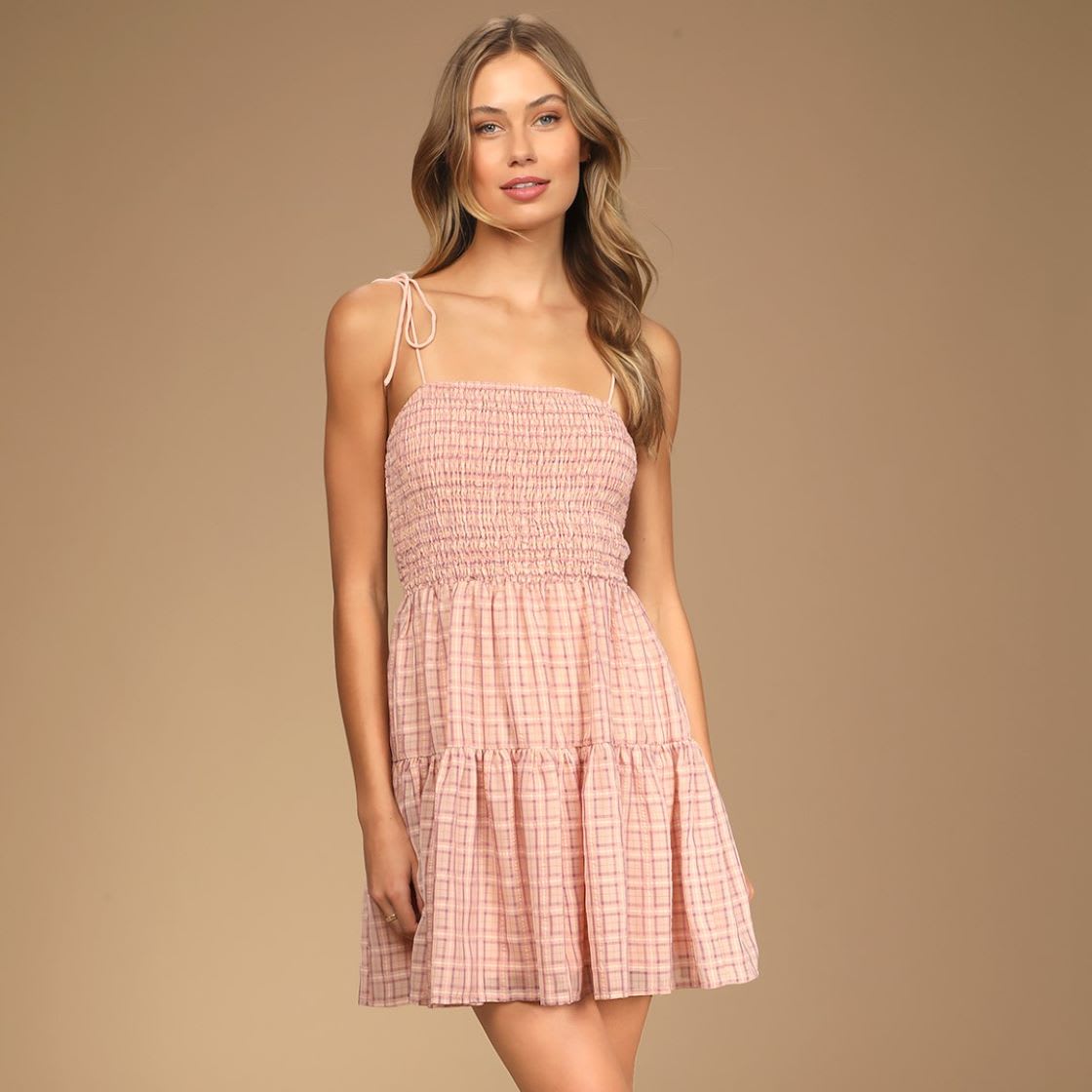 blush plaid tie strap smocked mini dress