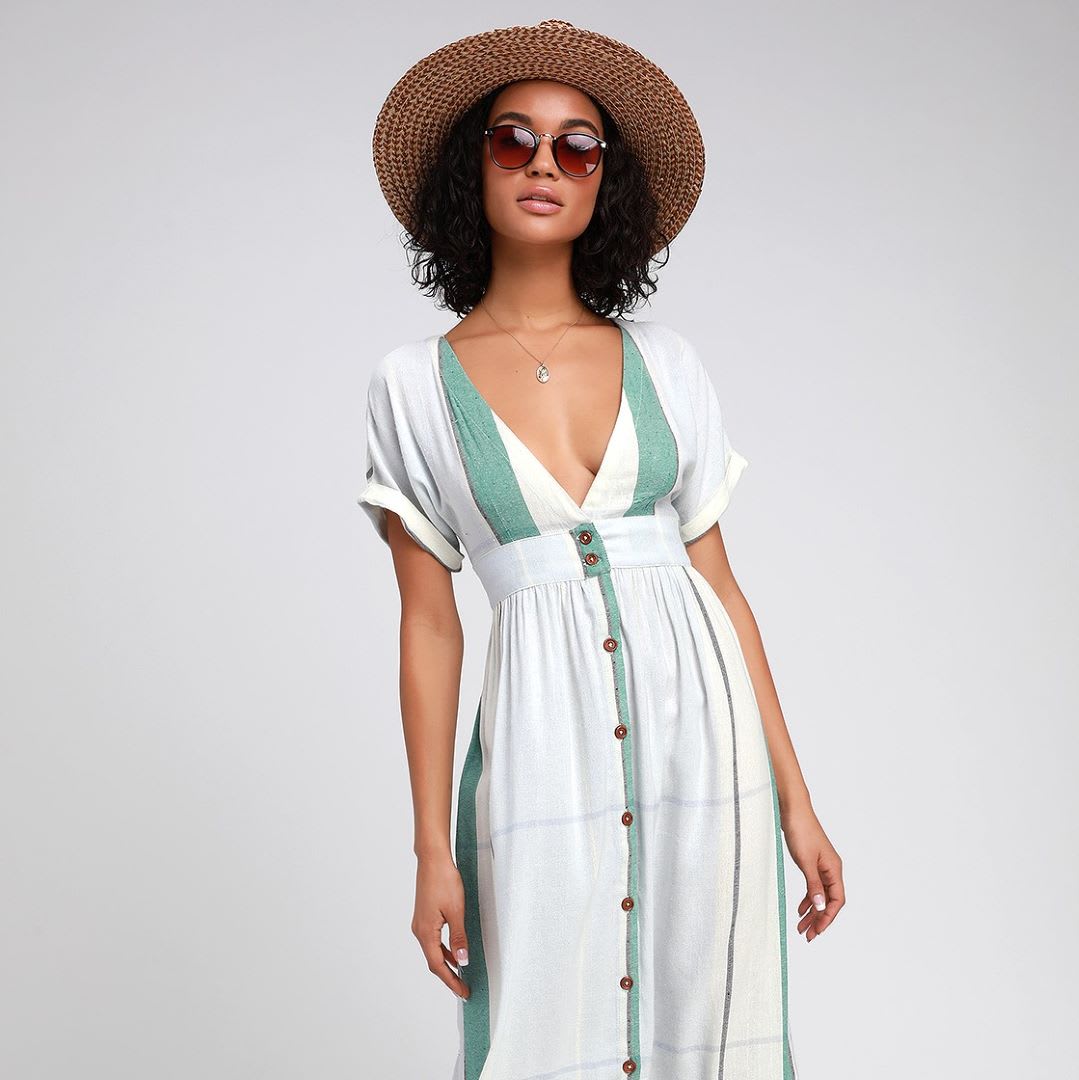 striped button front midi dress