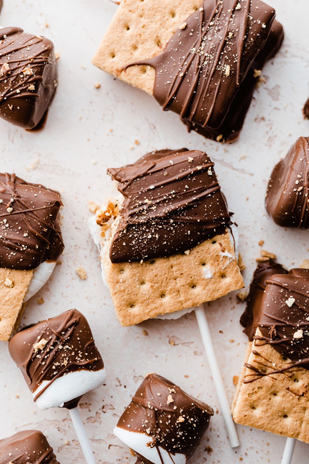 s'mores on a stick, including one with a bite taken out of it, and marshmallow pops --all made at home
