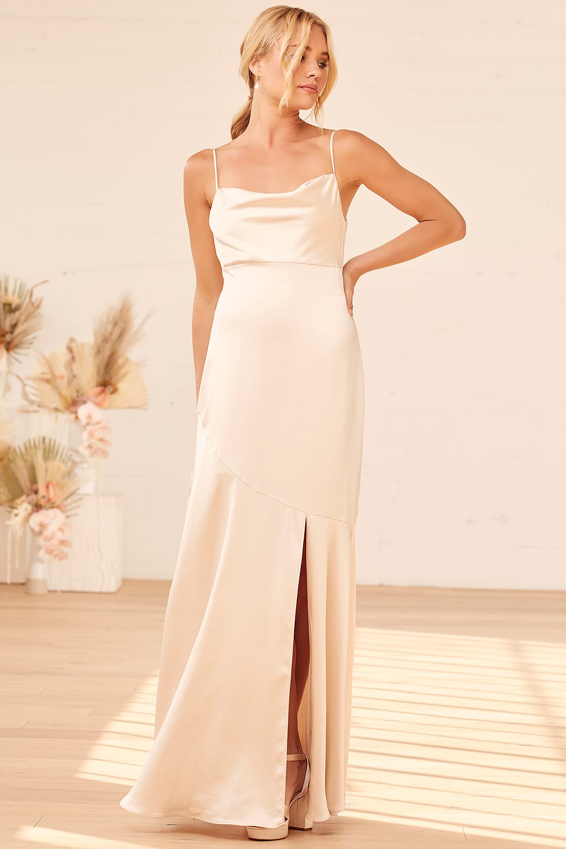 champagne cowl neck satin maxi dress