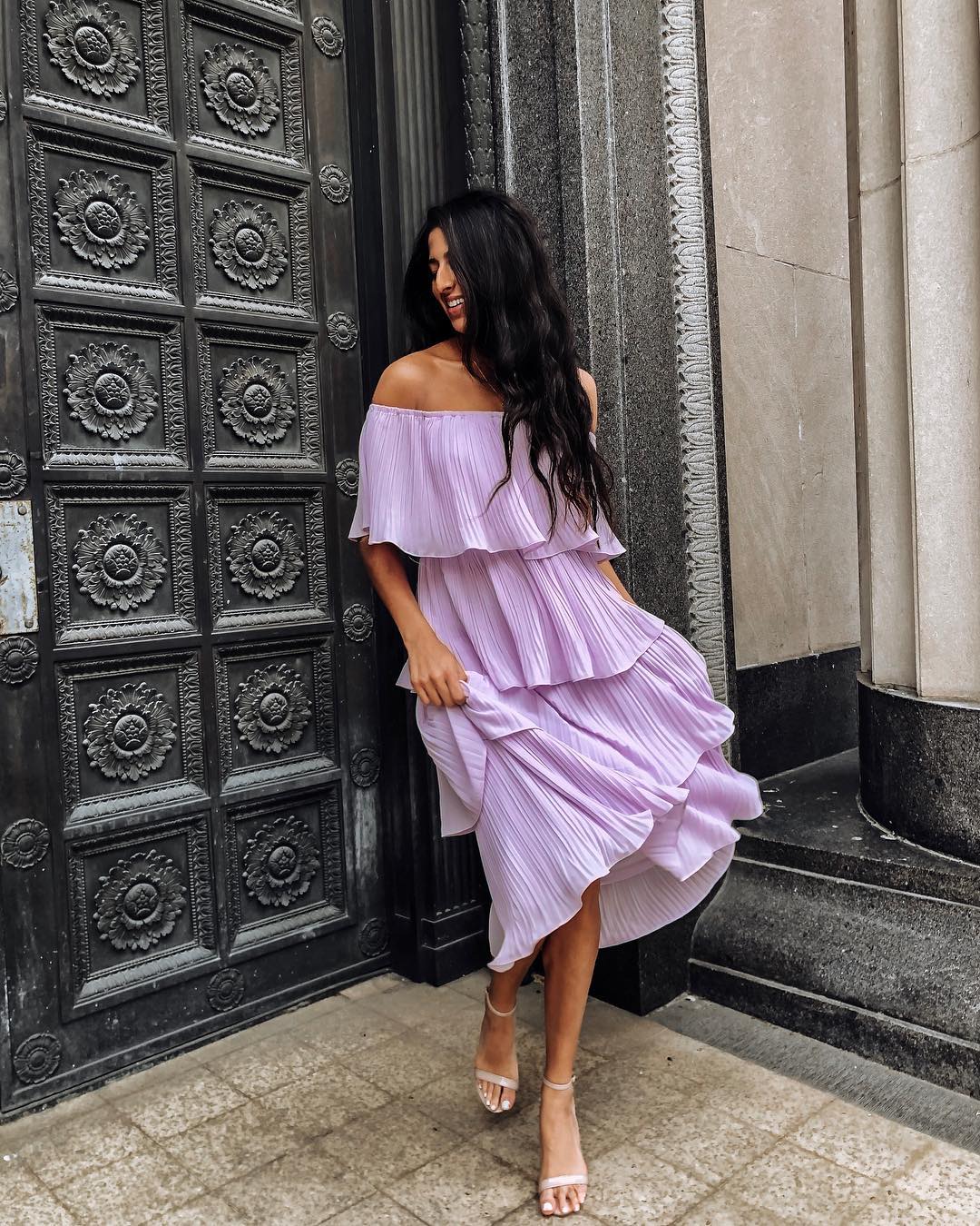 lavender off the shoulder ruffle midi dress