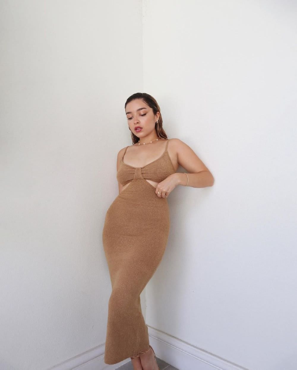 tan cutout midi sweater dress