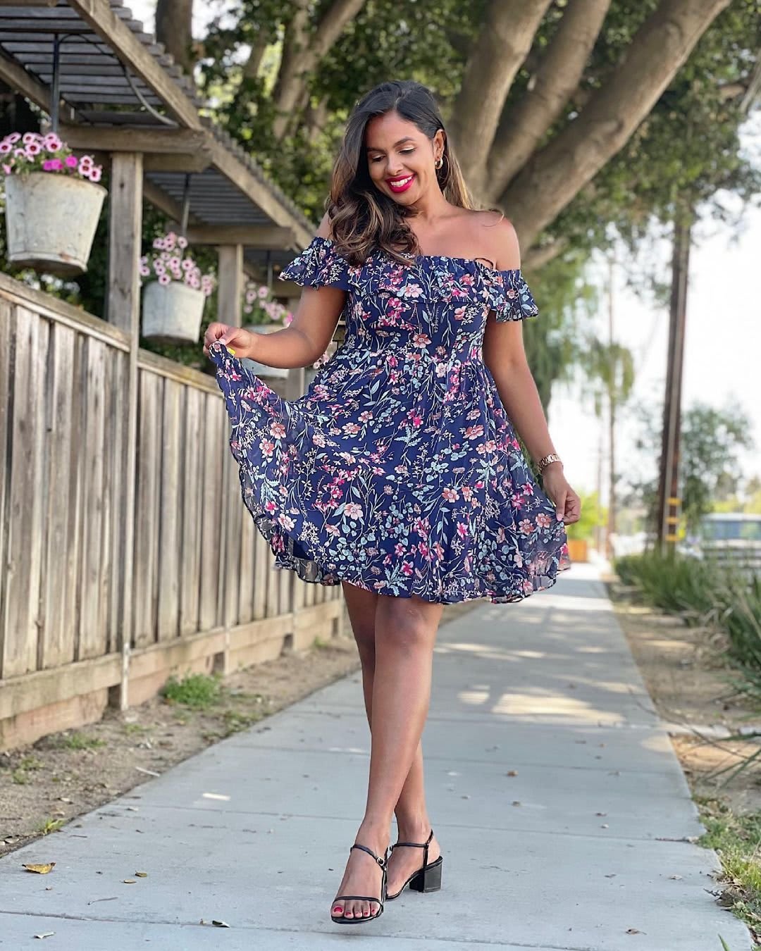 navy blue floral print off the shoulder dress