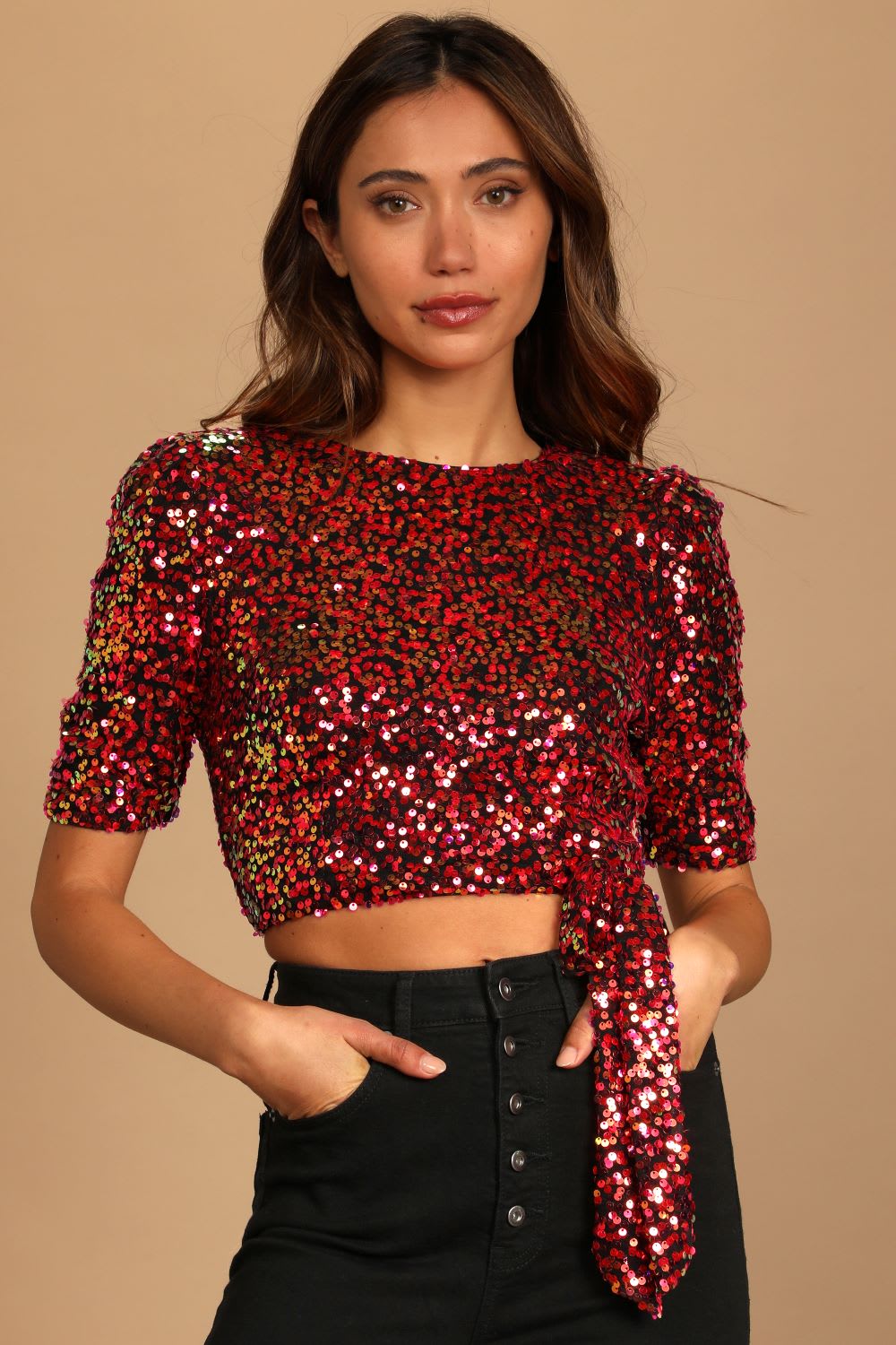 Tops, Velvet Sequin Long Sleeve Crop Top