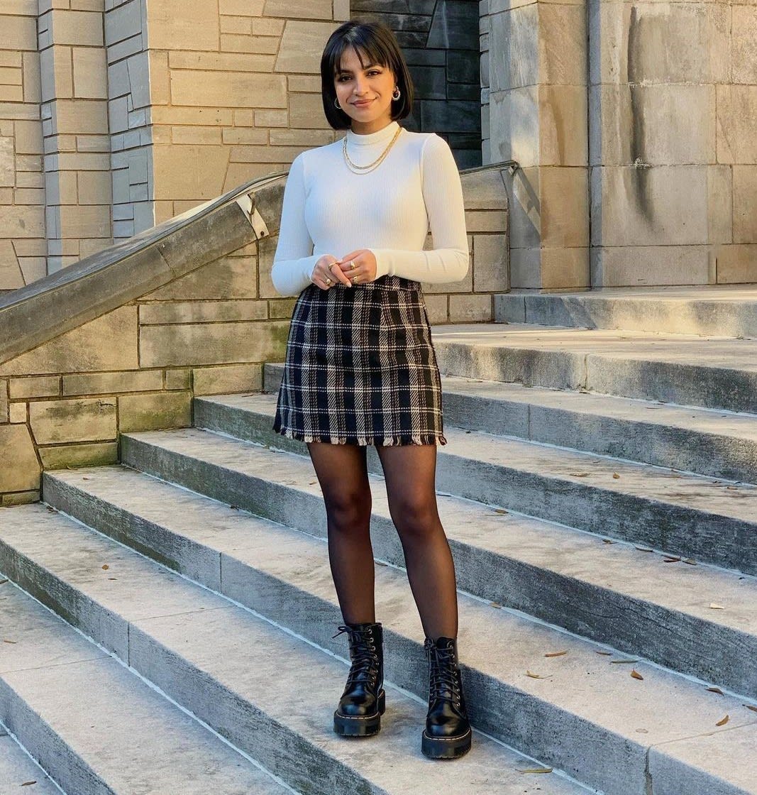 Stylish Winter Outfit Ideas: Plaid Skirt, Tights, and Brown Loafers