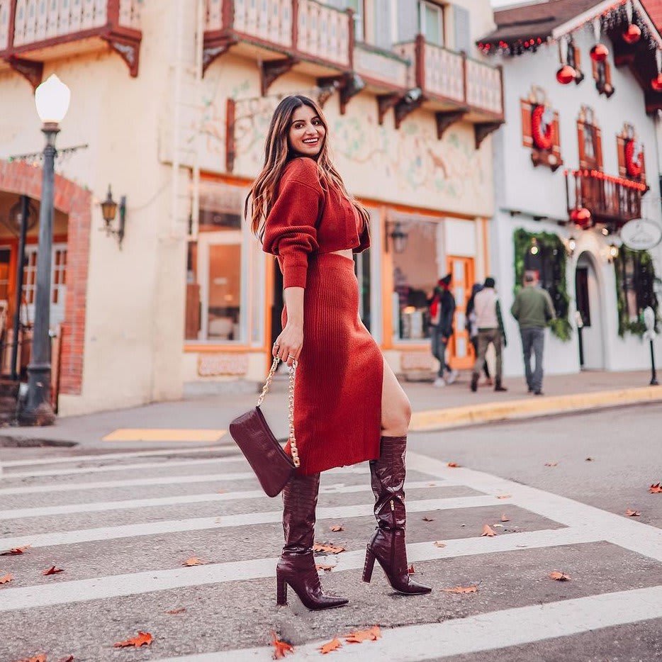 Stylish Winter Fashion Elegant Woman in Red Silk and Fur Jacket