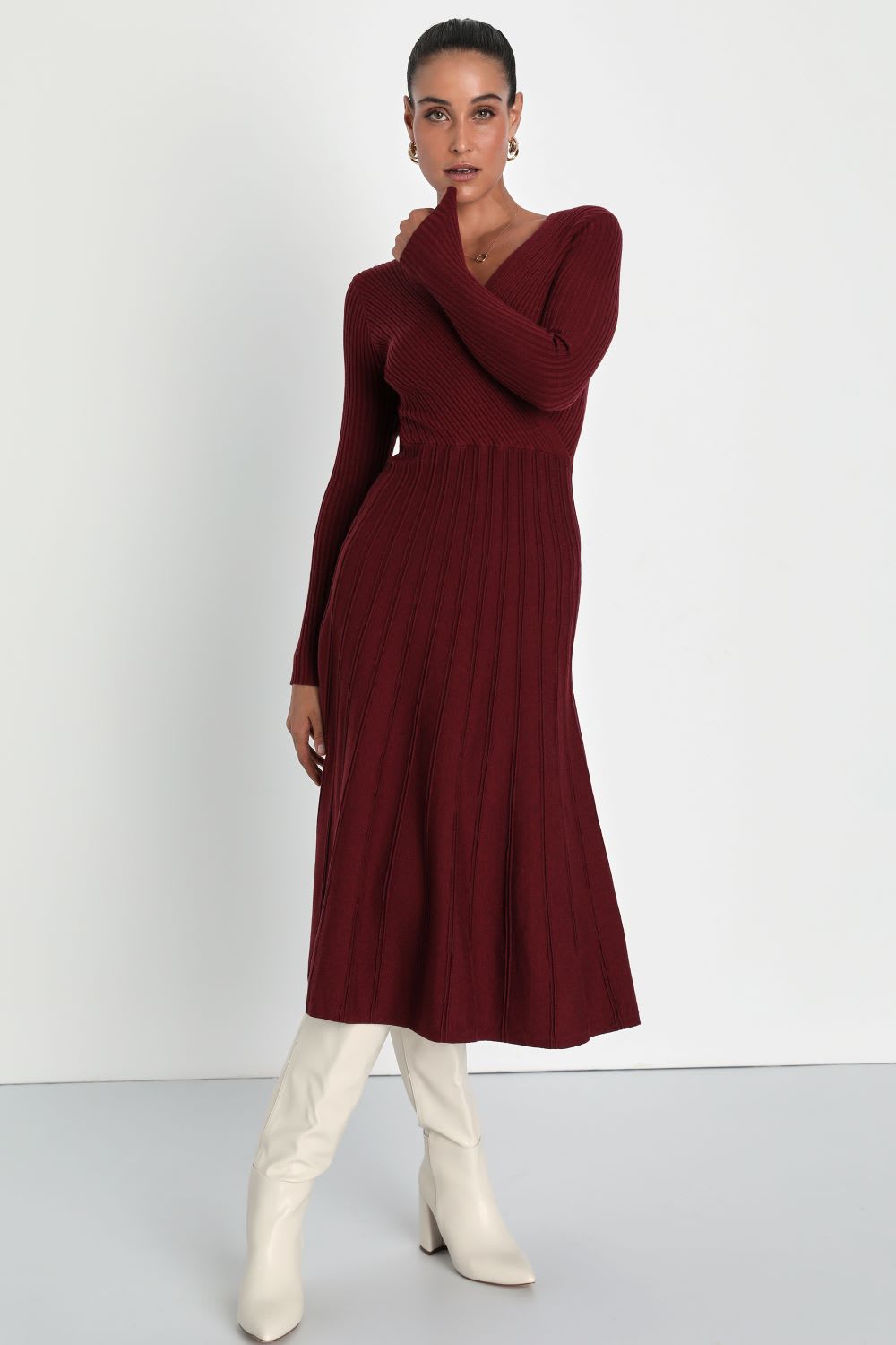 burgundy ribbed skater midi sweater dress