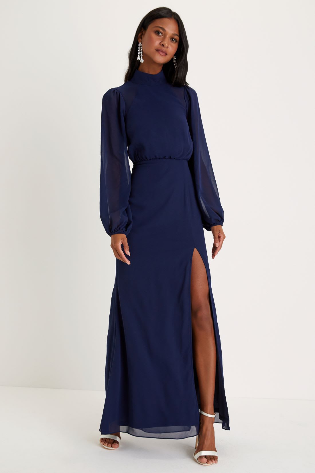 navy blue long sleeve backless maxi dress