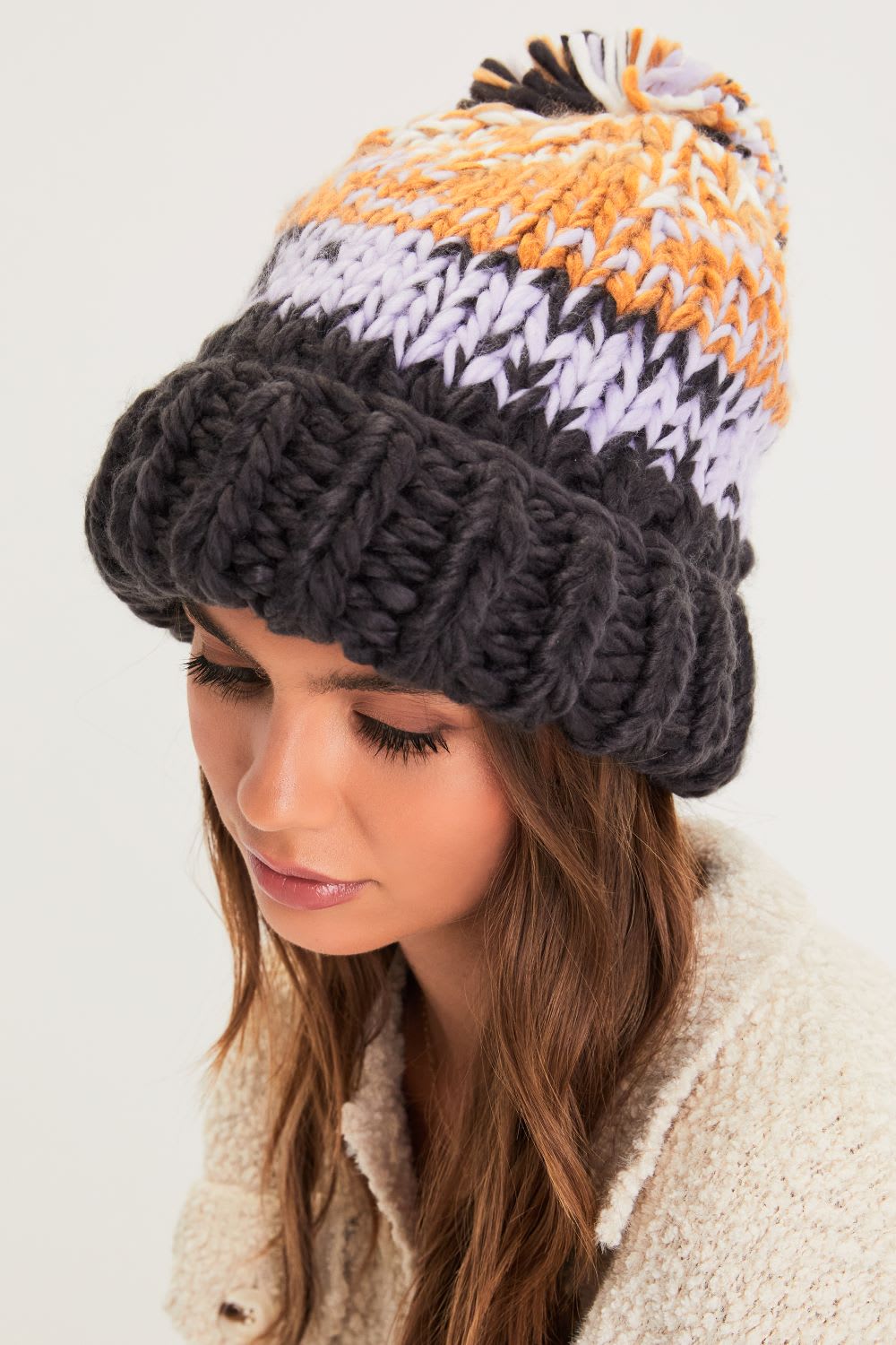 stripe knit pom pom beanie