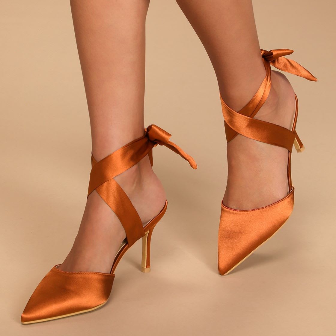 rust brown satin lace up pointed toe pumps